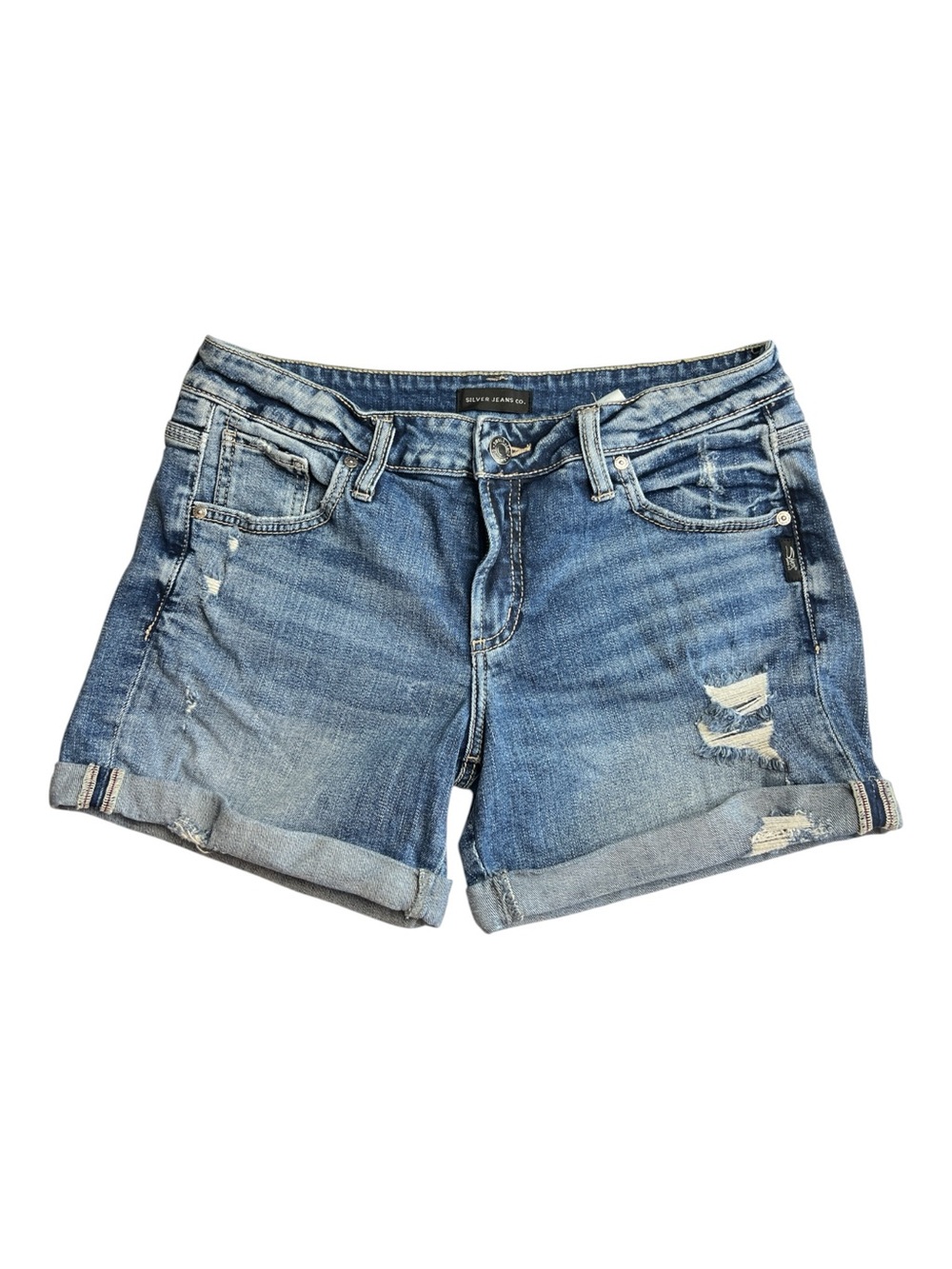 Silver Jeans Co. boyfriend-style denim shorts light-to-medium wash distressed 27